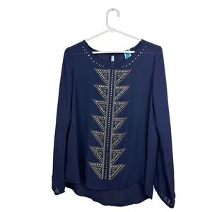 Francesca's Navy‎ Studded Blouse Top Long Sleeve Gold Accents Women's Size L